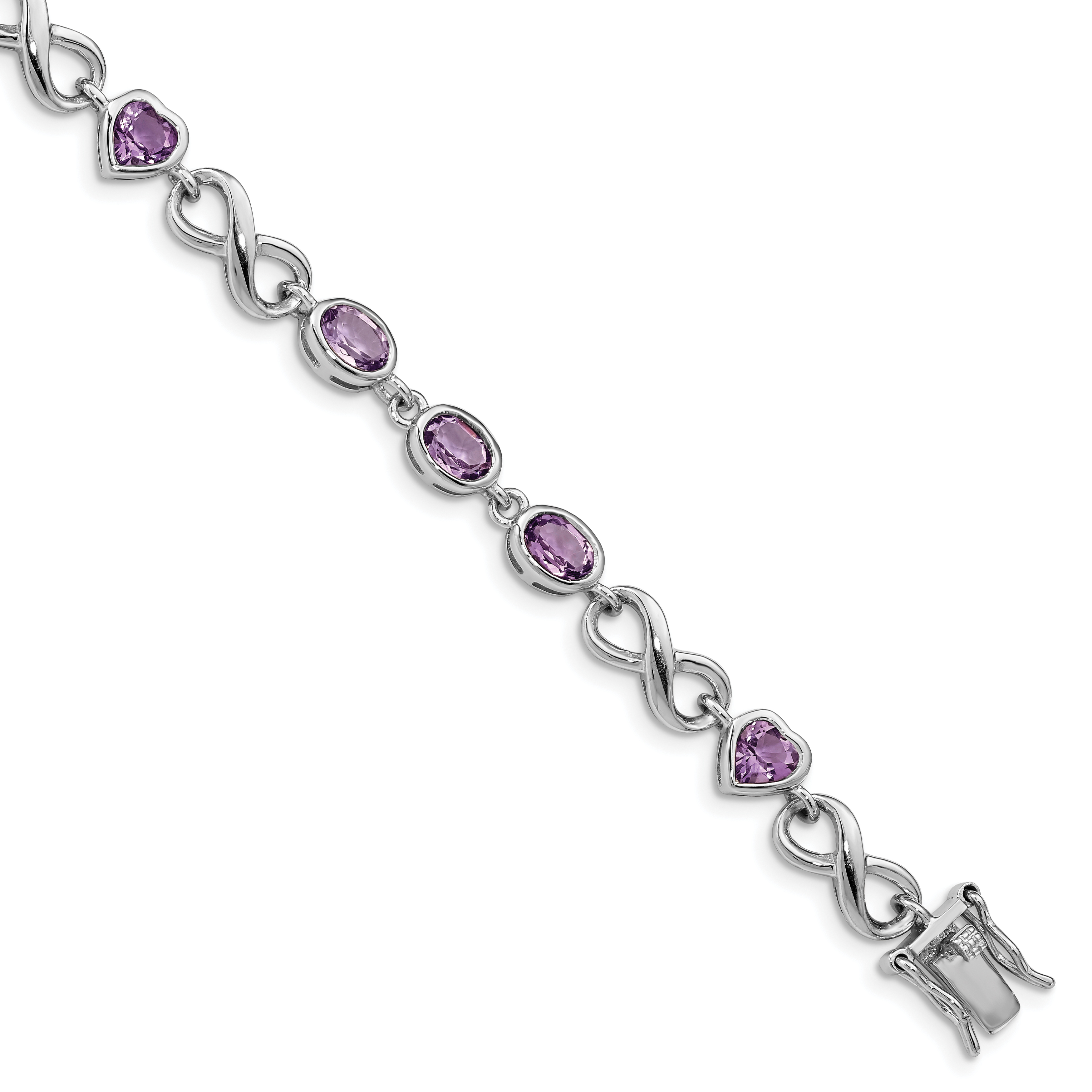 Sterling Silver Rhodium-plated Oval Heart Amethyst Bracelet (QX874AM)