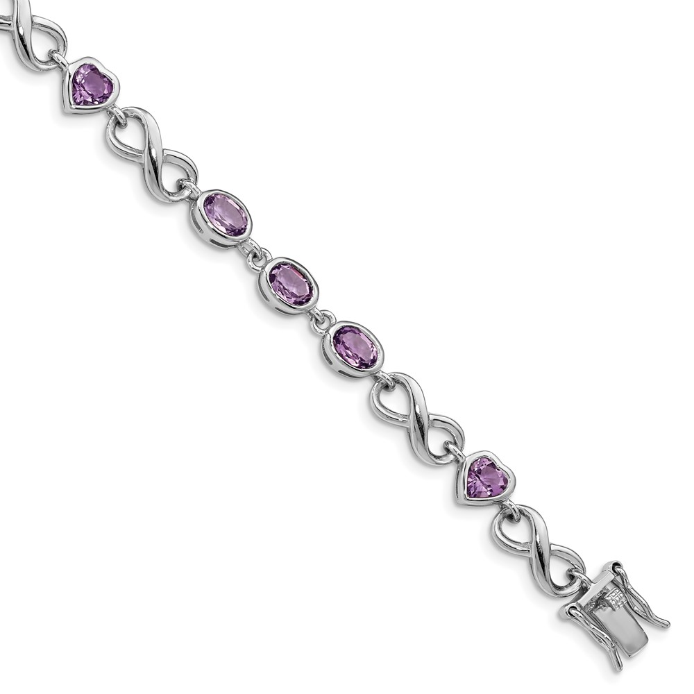 Sterling Silver Rhodium-plated Oval Heart Amethyst Bracelet (QX874AM)
