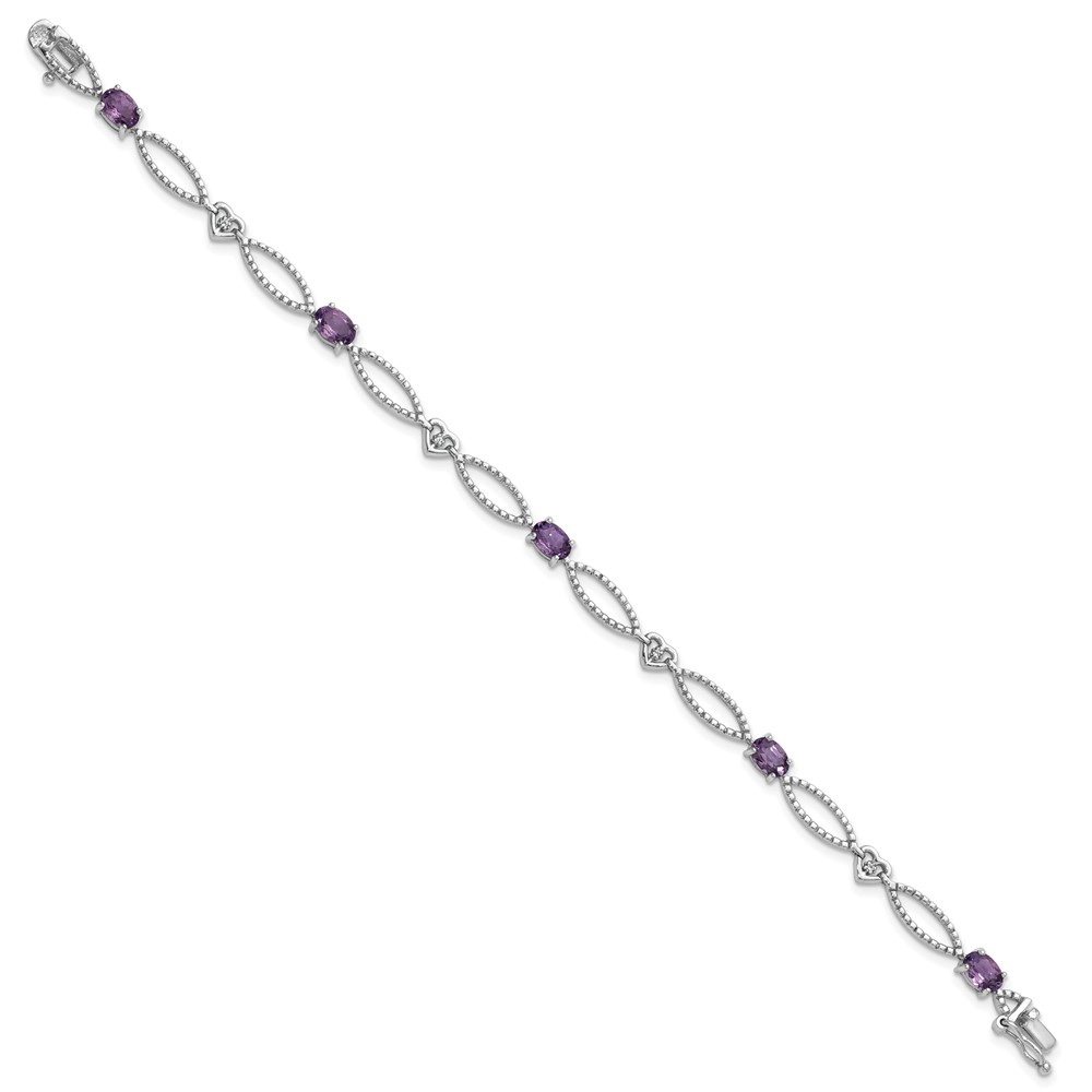Sterling Silver RH-plated Amethyst White Topaz Hearts Bracelet, 7.25"