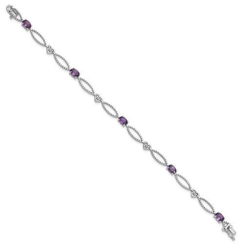 Sterling Silver RH-plated Amethyst White Topaz Hearts Bracelet, 7.25"