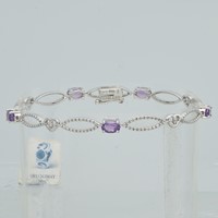 Sterling Silver RH-plated Amethyst White Topaz Hearts Bracelet, 7.25" view 2