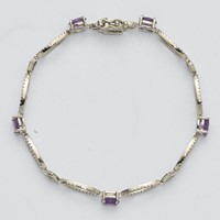 Sterling Silver RH-plated Amethyst White Topaz Hearts Bracelet, 7.25" view 3