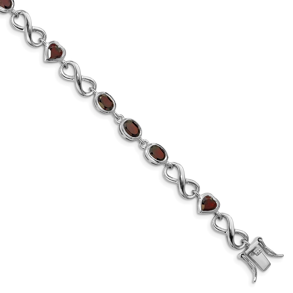 Sterling Silver Rhodium-plated Oval Heart Garnet Bracelet (QX881GA)