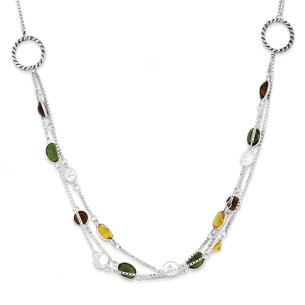 Sterling Silver Antiqued Brown Green Yellow CZ Necklace, 18"