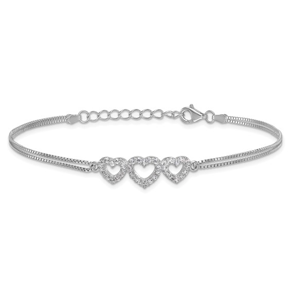 Sterling Silver Rhodium-plated Polished Three Linked CZ Open Hearts 7 inch Bracelet with 1 inch extension