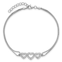 Sterling Silver Rhodium-plated Polished Three Linked CZ Open Hearts Bracelet with 1 Inch Extension, 7" view 4