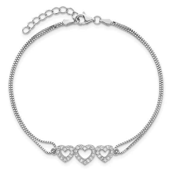 Sterling Silver Rhodium-plated Polished Three Linked CZ Open Hearts 7 inch Bracelet with 1 inch extension