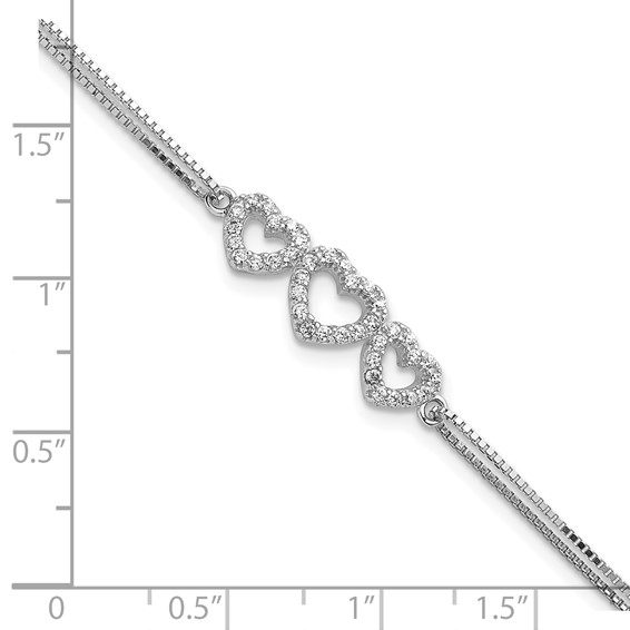 Sterling Silver Rhodium-plated Polished Three Linked CZ Open Hearts 7 inch Bracelet with 1 inch extension