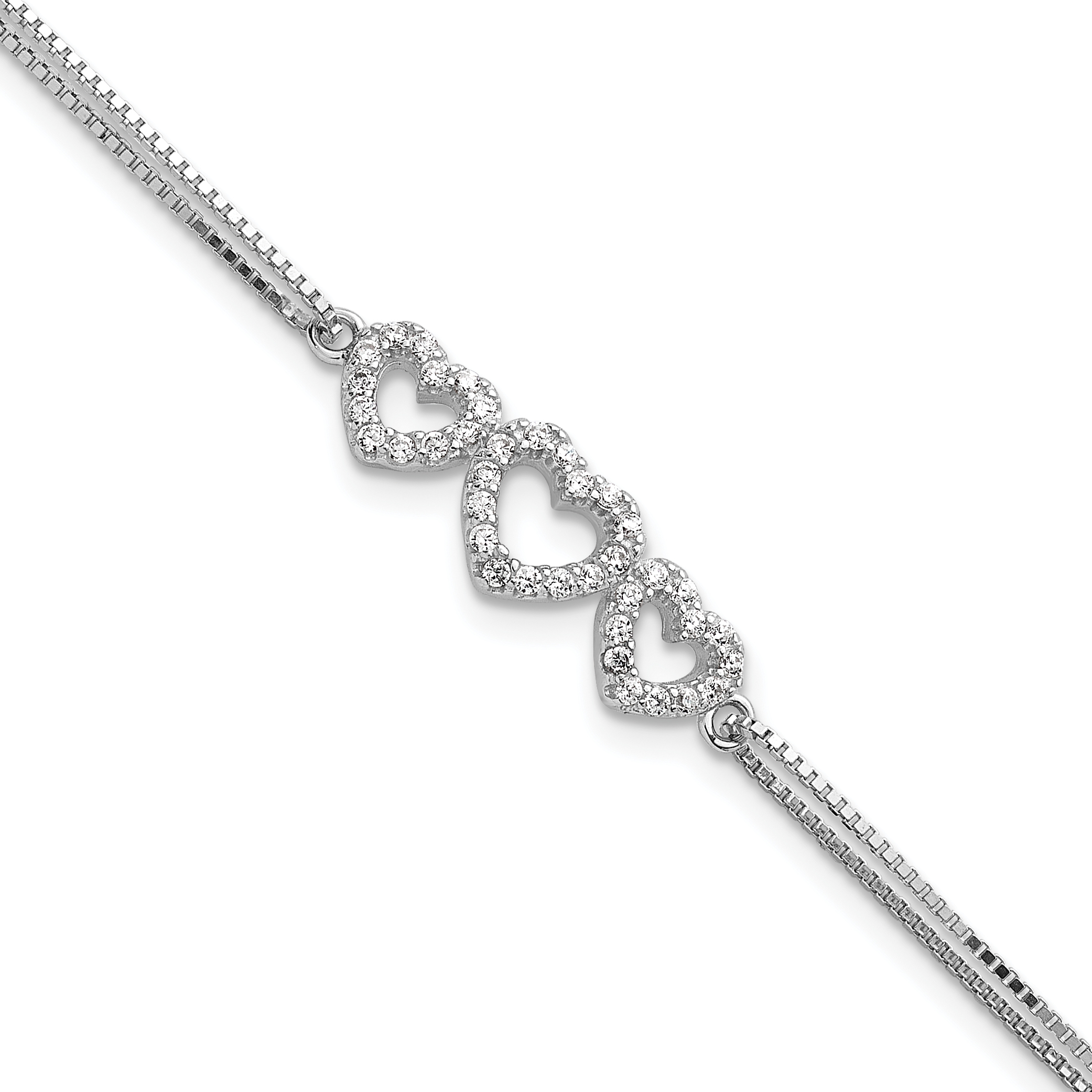 Sterling Silver Rhodium-plated Polished Three Linked CZ Open Hearts 7 inch Bracelet with 1 inch extension (QX923CZ)