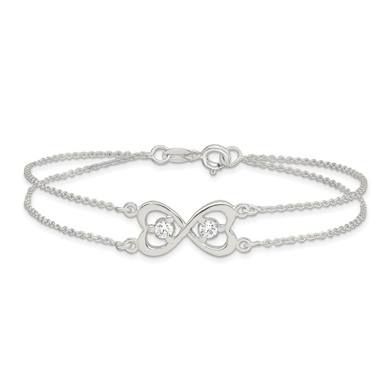 Sterling Silver Polished CZ Heart Two-strand Bracelet