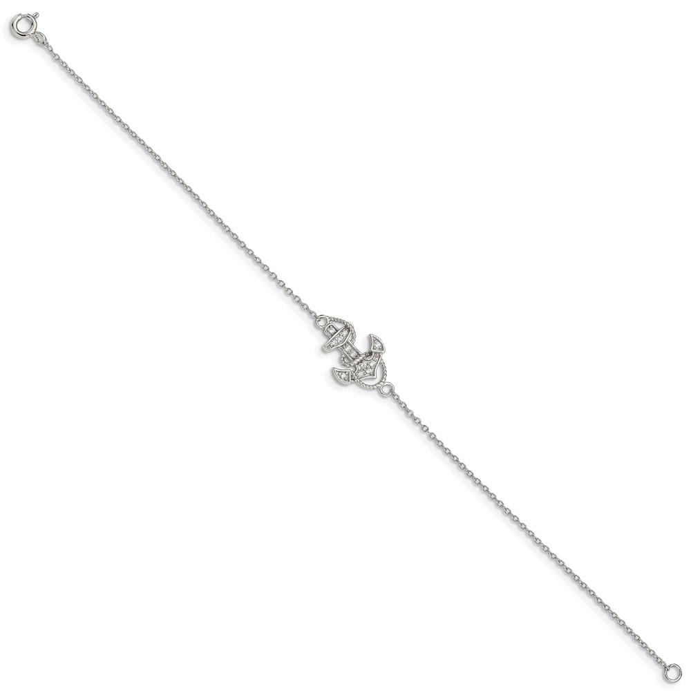 Sterling Silver Rhodium-plated Polished CZ Anchor 7 Inch Bracelet (QX932CZ)