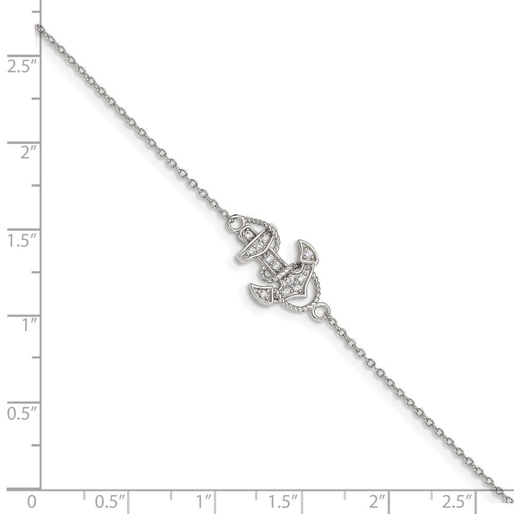 Sterling Silver Rhodium-plated Polished CZ Anchor 7 Inch Bracelet (QX932CZ)