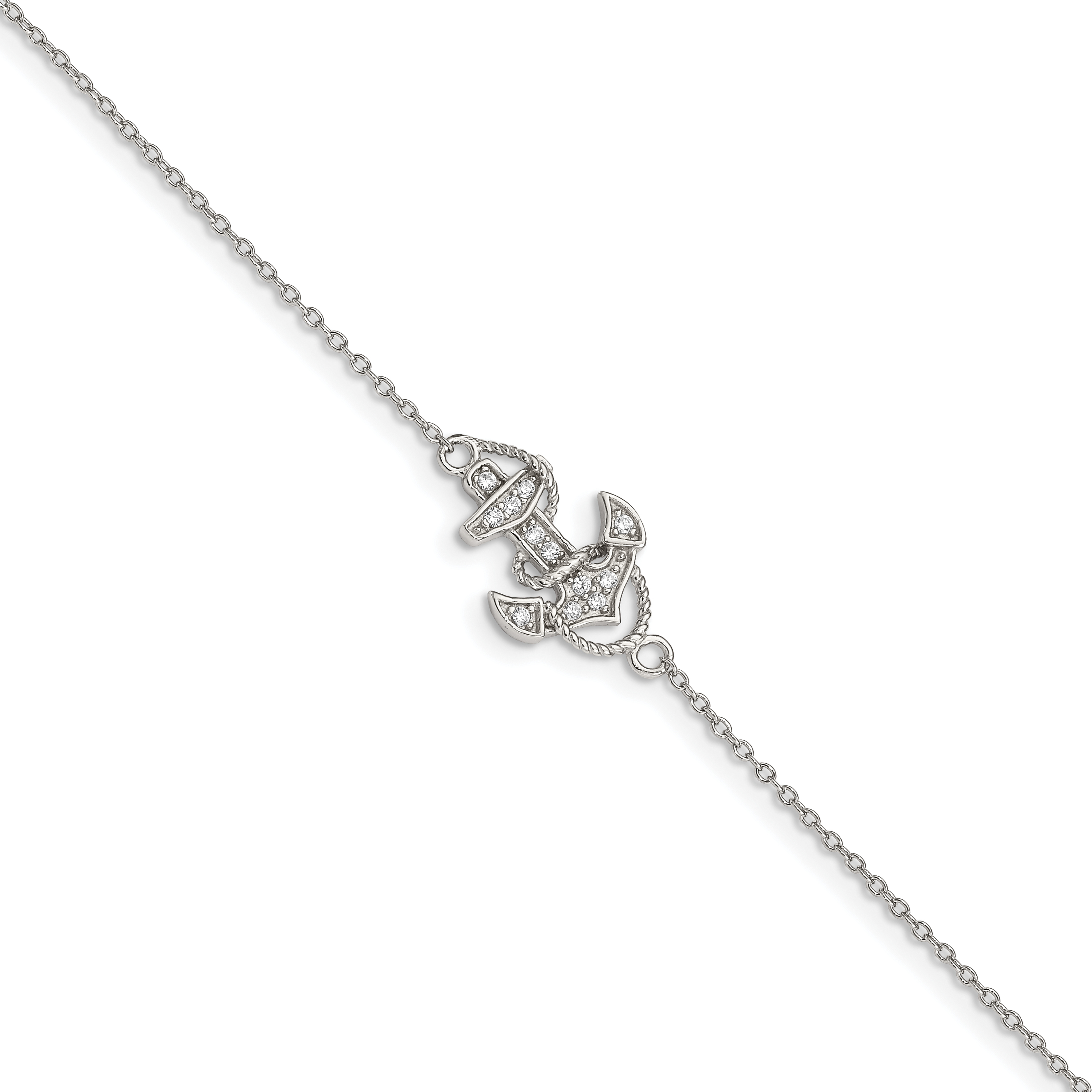 Sterling Silver Rhodium-plated Polished CZ Anchor 7 Inch Bracelet (QX932CZ)