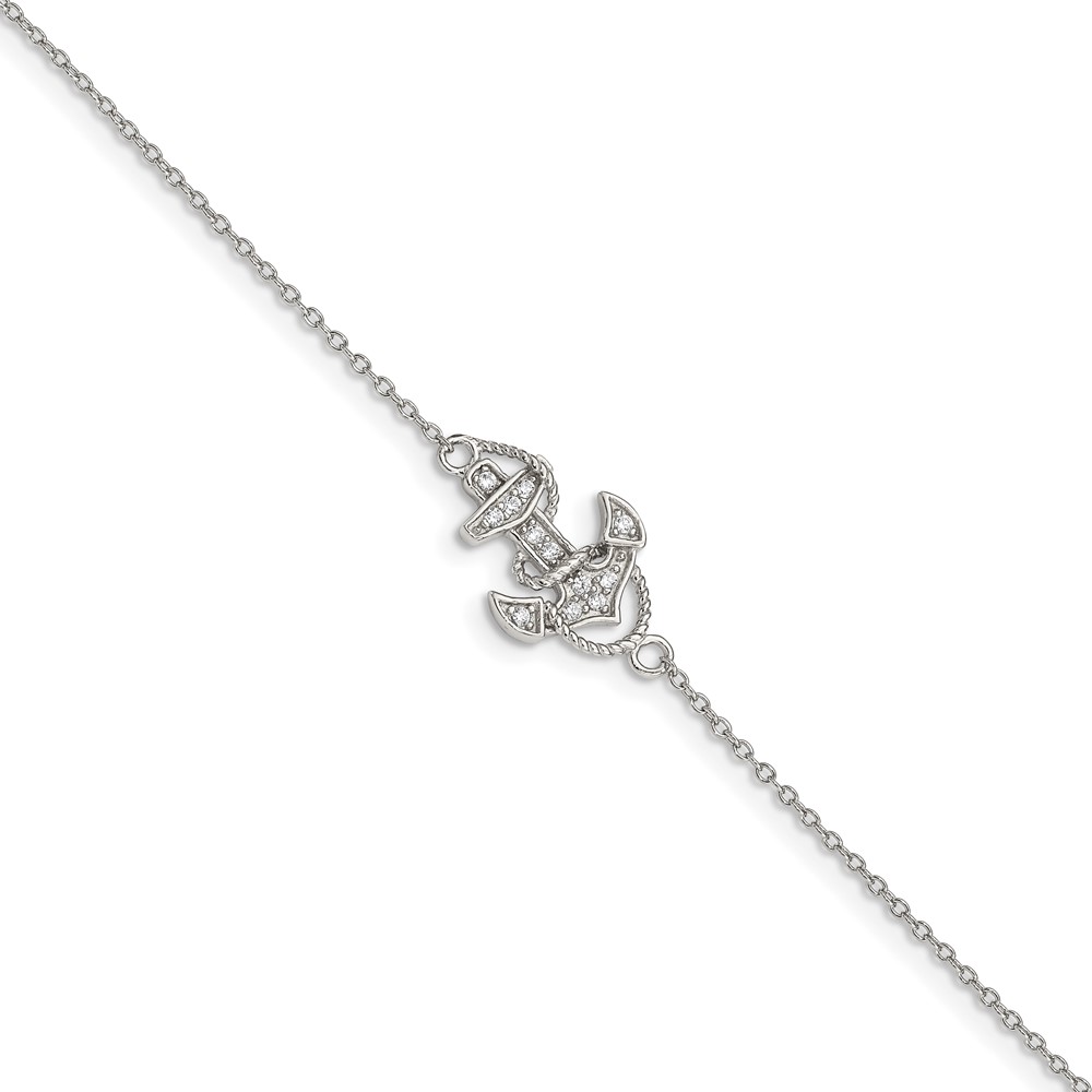 Sterling Silver Rhodium-plated Polished CZ Anchor 7 Inch Bracelet (QX932CZ)