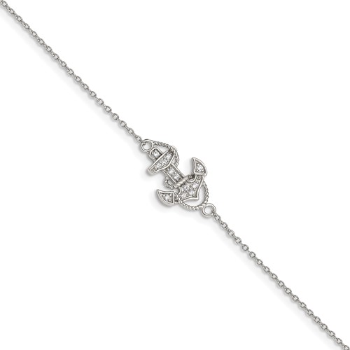 Sterling Silver Rhodium-plated Polished CZ Anchor Bracelet, 7"