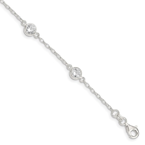Sterling Silver Polished Bezel CZ 5-Station Bracelet, 7.75"