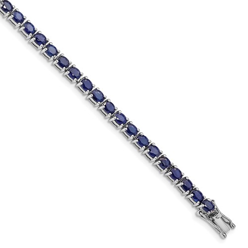 Sterling Silver Rhodium-plated Oval Blue Sapphire Bracelet, 7.5"