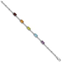 Sterling Silver Rhodium-plated Multi Gemstone & Diamond Tennis Bracelet view 2
