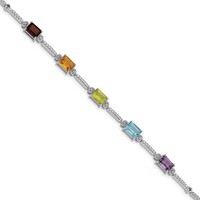 Sterling Silver Rhodium-plated Multi Gemstone & Diamond Tennis Bracelet view 1