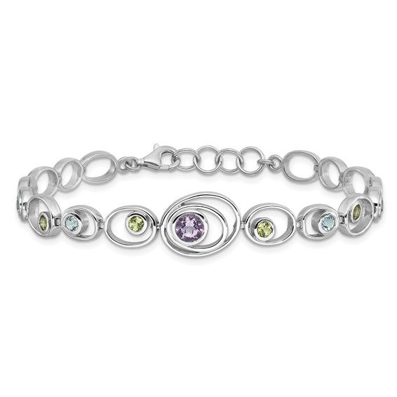 Sterling Silver Rhodium-plated w/Peridot, Blue Topaz &Amethyst Bracelet