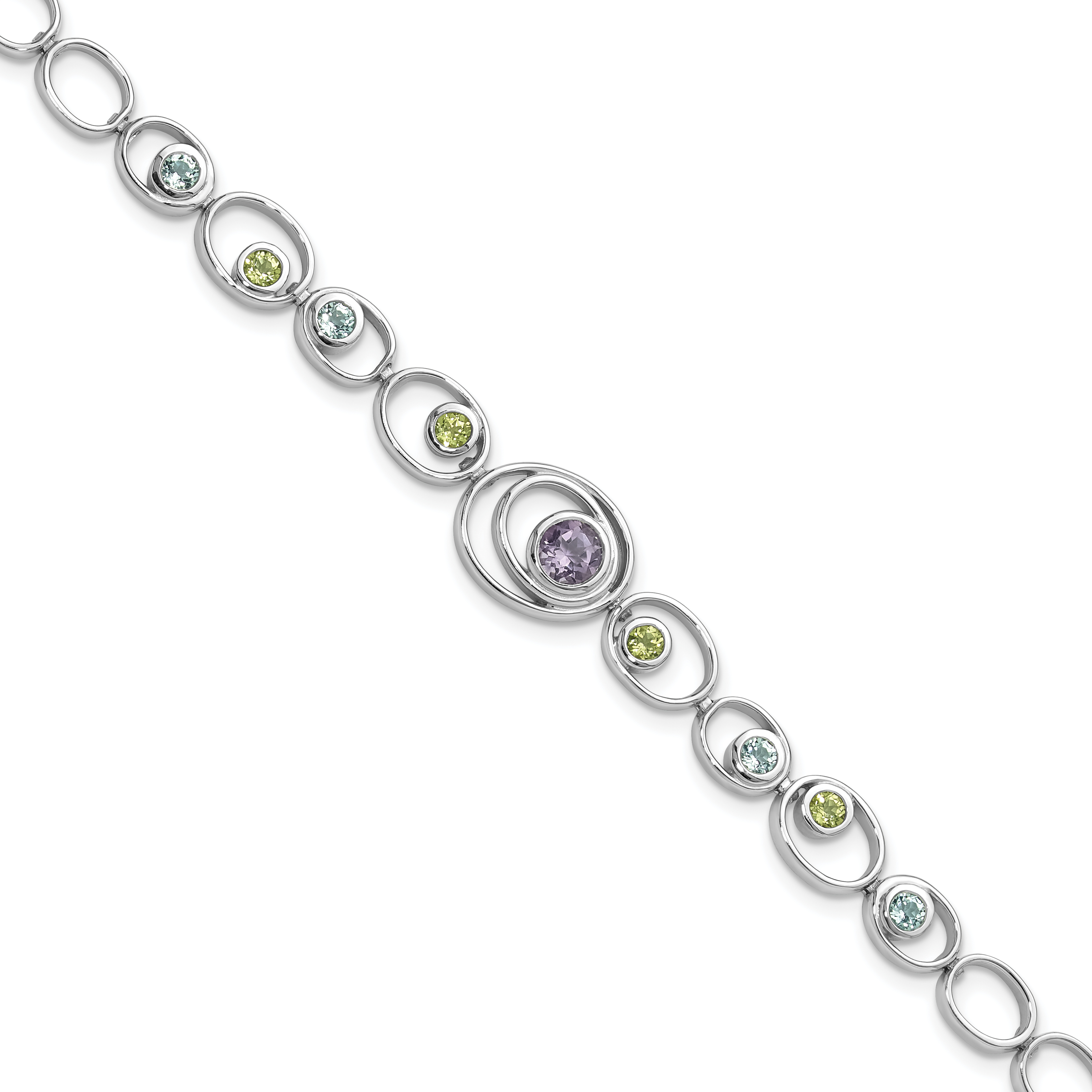 Sterling Silver Rhodium-plated w/Peridot, Blue Topaz &Amethyst Bracelet (QX950RB)