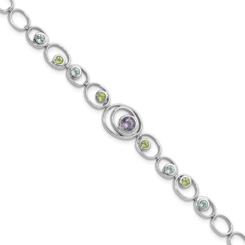Sterling Silver Rhodium-plated Bracelet with Peridot, Blue Topaz &Amethyst
