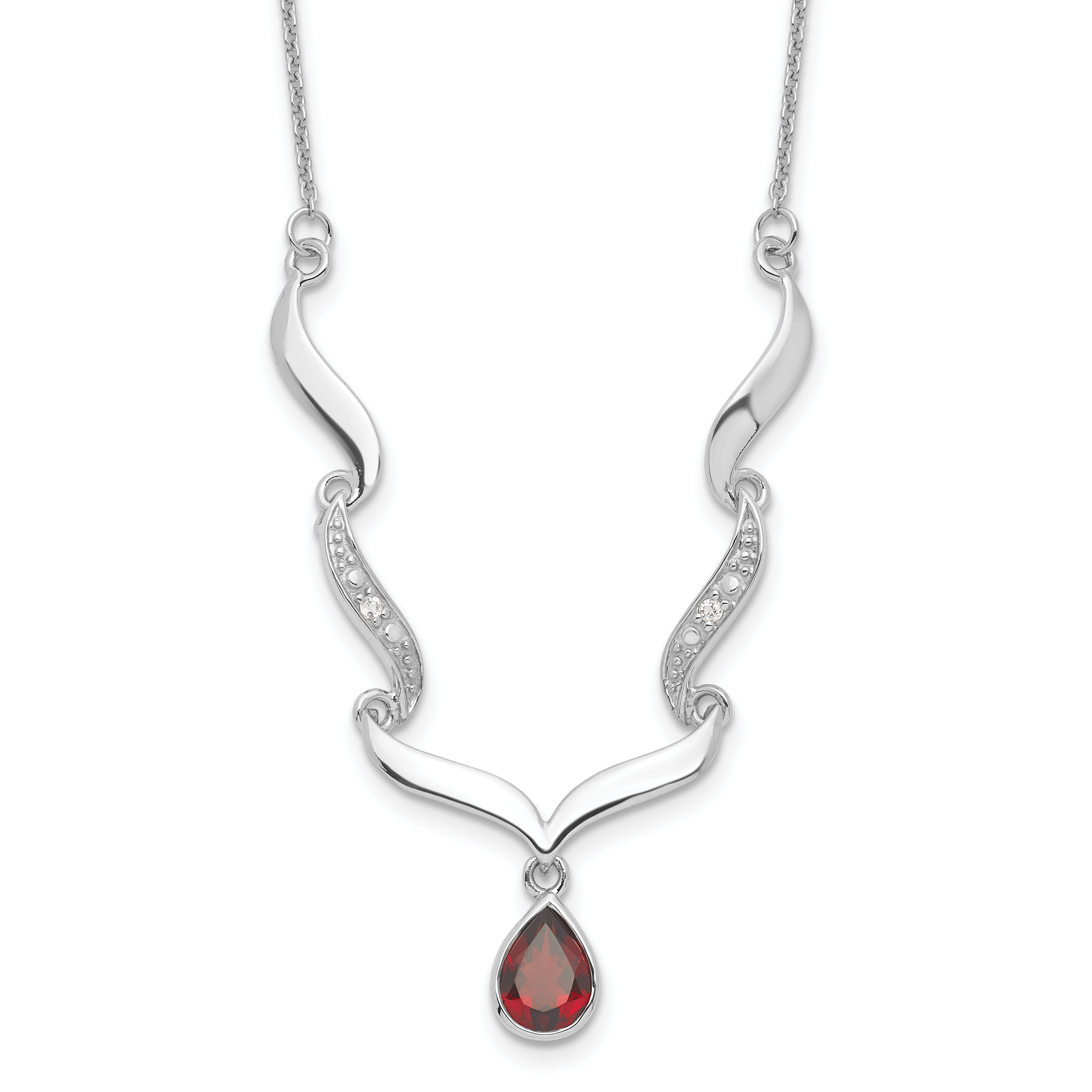 Sterling Silver Rhodium-plated w/Garnet & White Topaz w/2in. ext. Necklace (QX954GA)