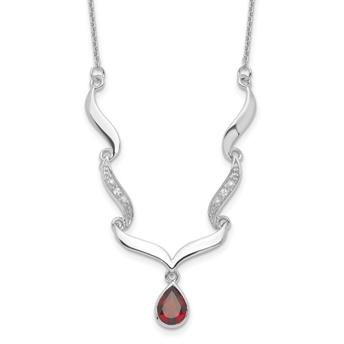 Sterling Silver Rhodium-plated Necklace with Garnet & White Topaz with Ext., 2"