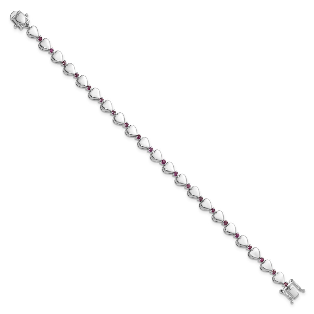 Sterling Silver Rhodium-plated Hearts Ruby Bracelet - 7.25in