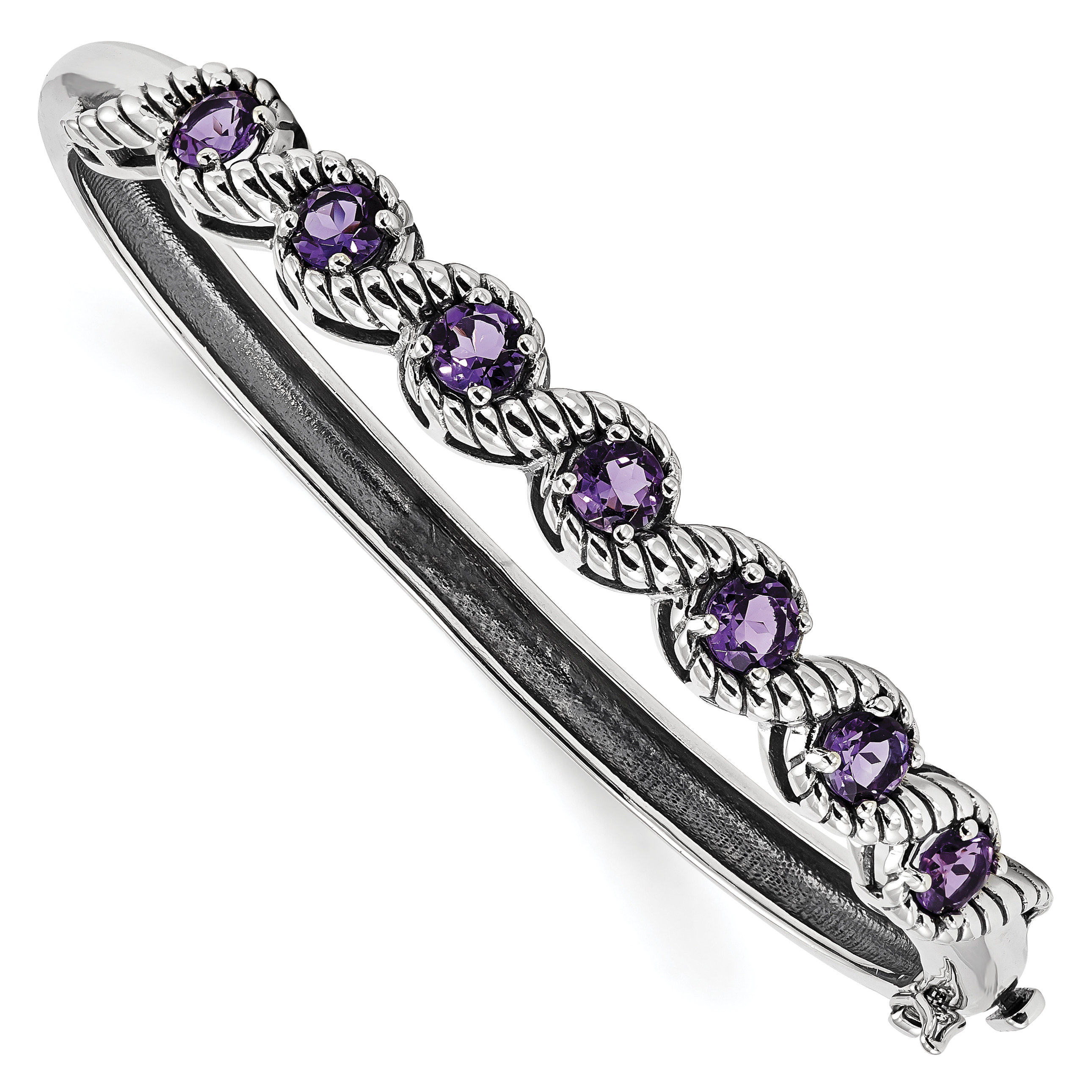 Sterling Silver Rhodium-plated Amethyst Hinged Bangle (QX985AM)
