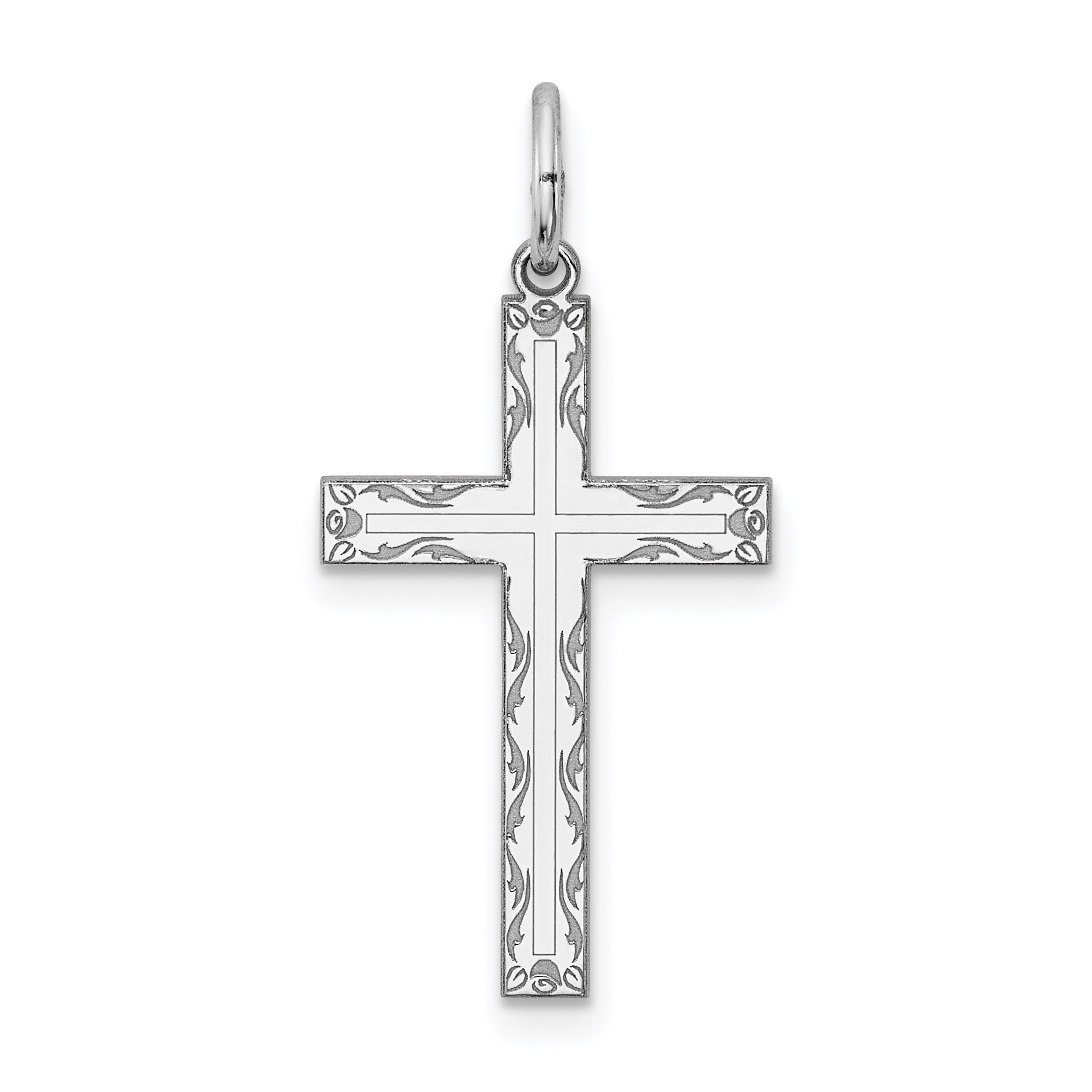 Sterling Silver Rhodium-plated Laser Designed Cross Pendant (QXR102)