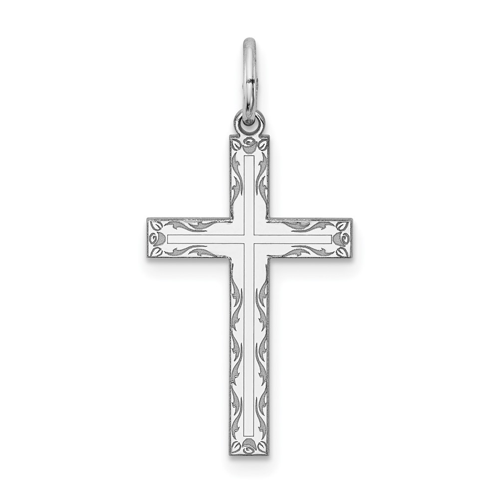 Sterling Silver Rhodium-plated Laser Designed Cross Pendant (QXR102)
