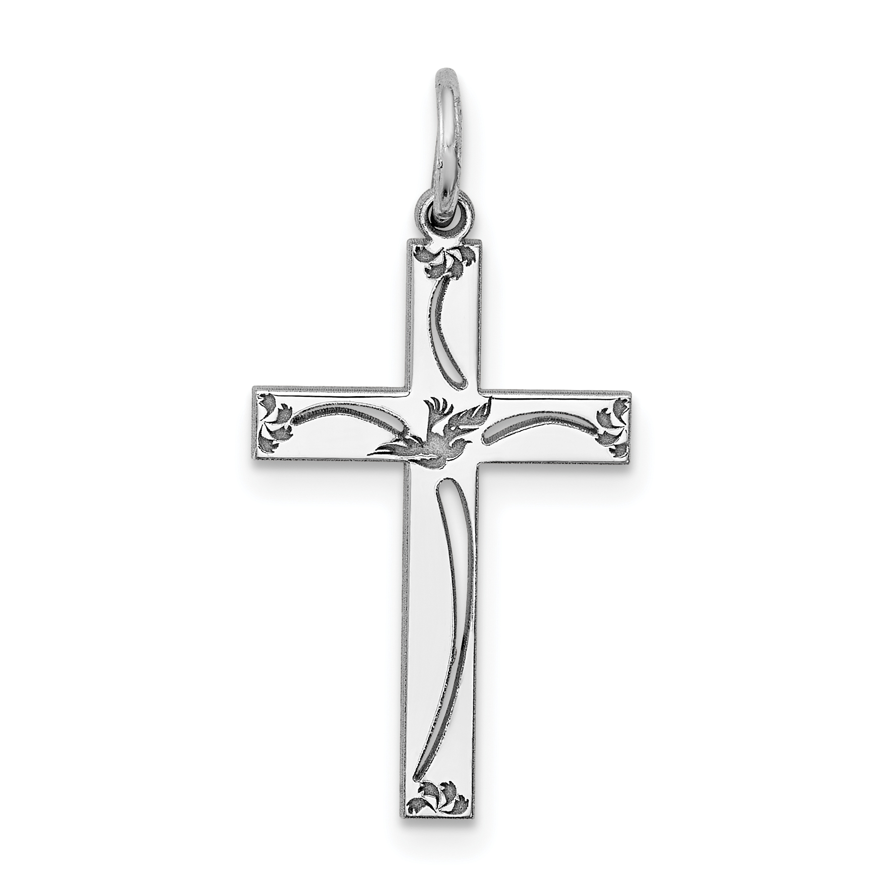 Sterling Silver Rhodium-plated Laser Designed Cross Pendant (QXR105)