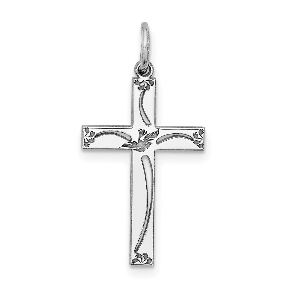 Sterling Silver Rhodium-plated Laser Designed Cross Pendant (QXR105)