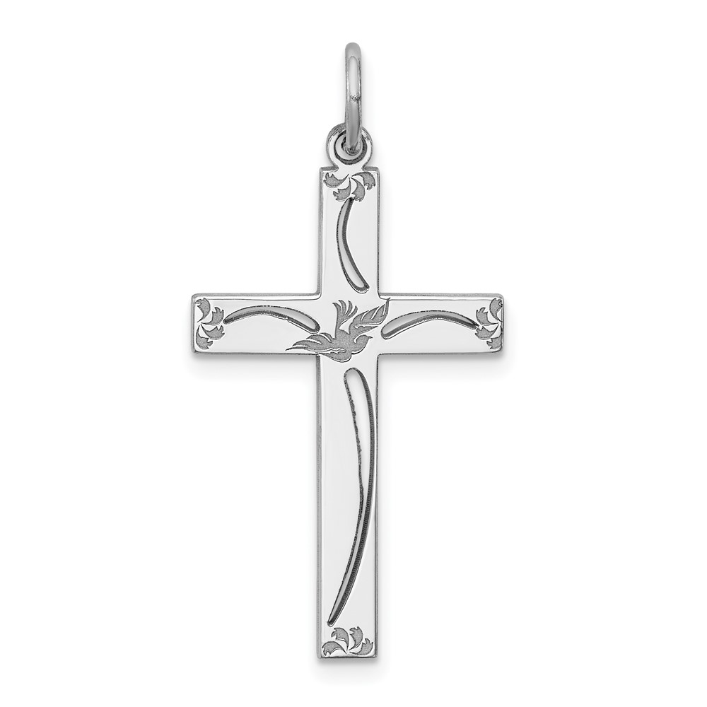 Sterling Silver Rhodium-plated Laser Designed Cross Pendant (QXR106)