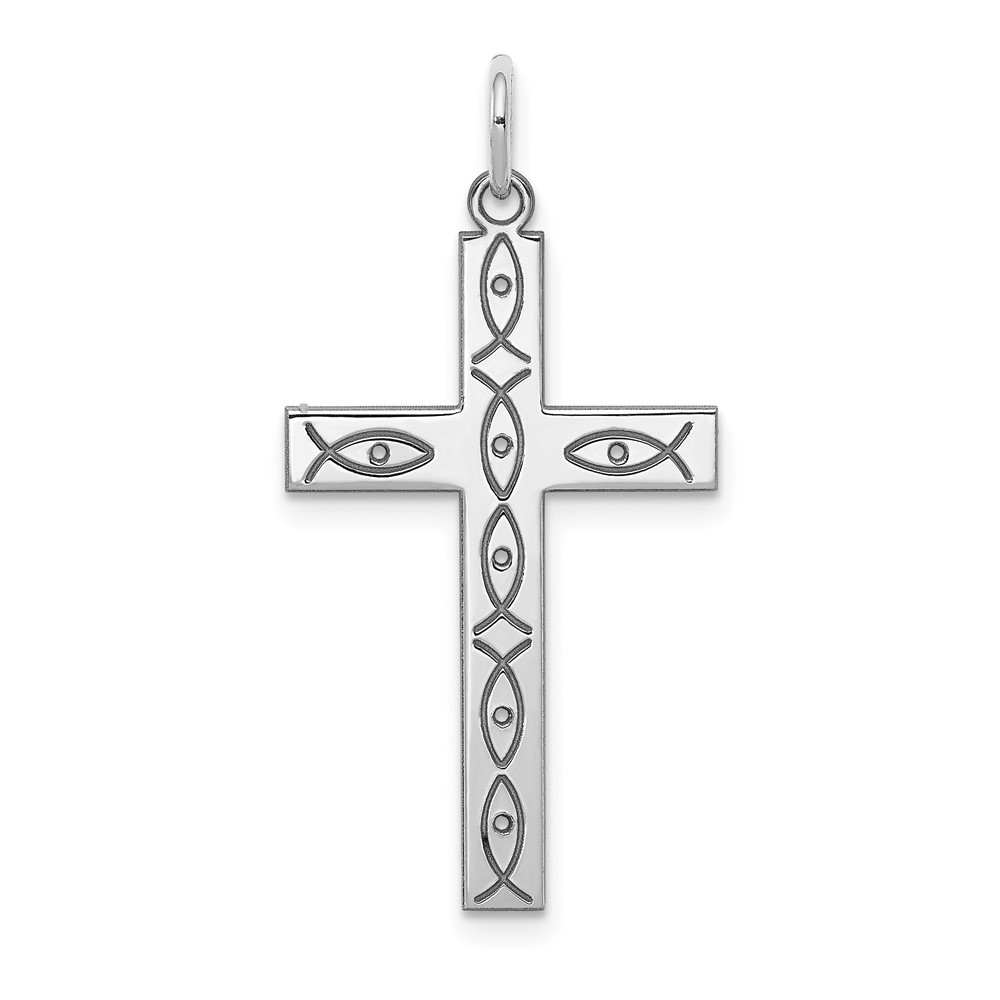 Sterling Silver Rhodium-plated Laser Designed Cross Pendant (QXR114)