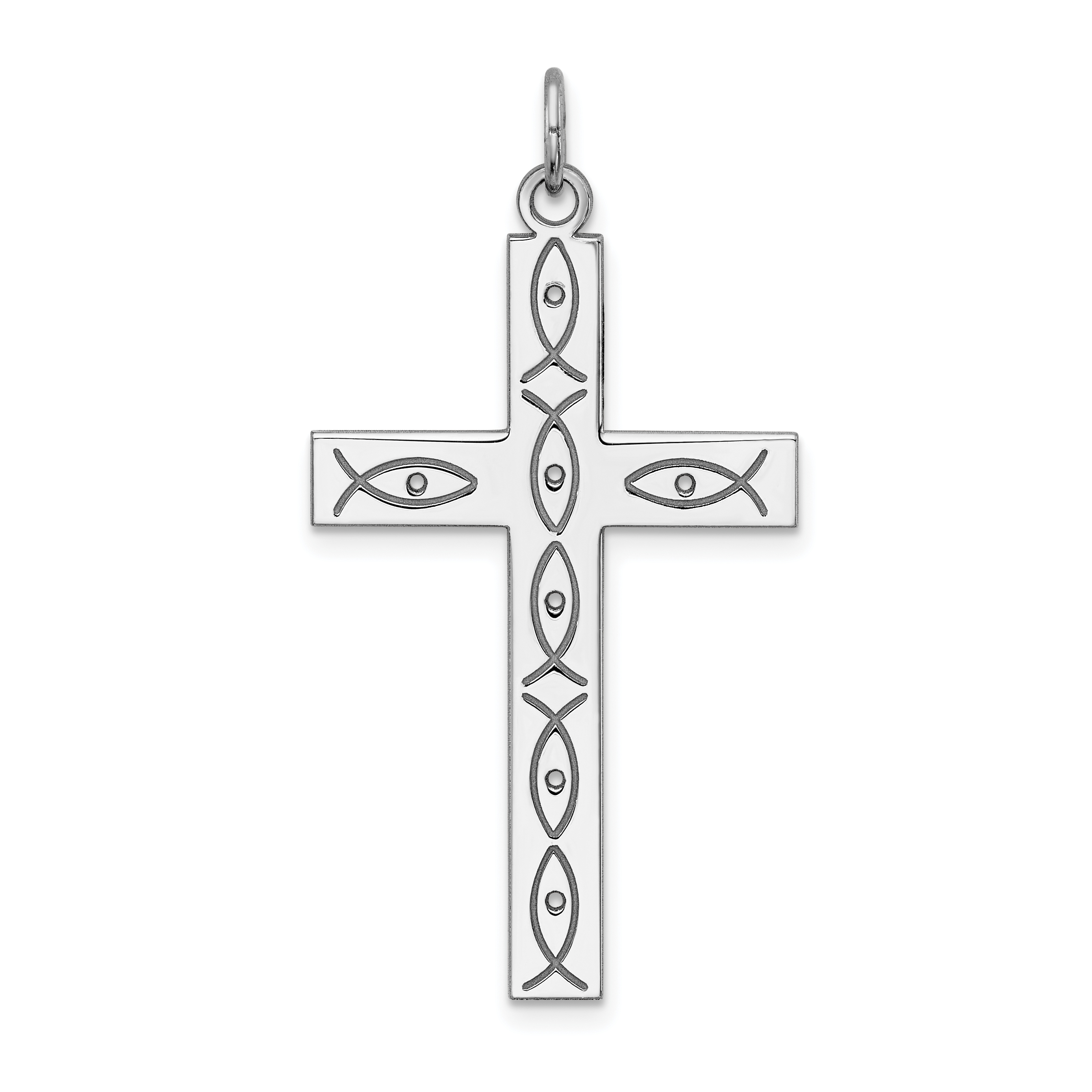 Sterling Silver Rhodium-plated Laser Designed Cross Pendant (QXR115)