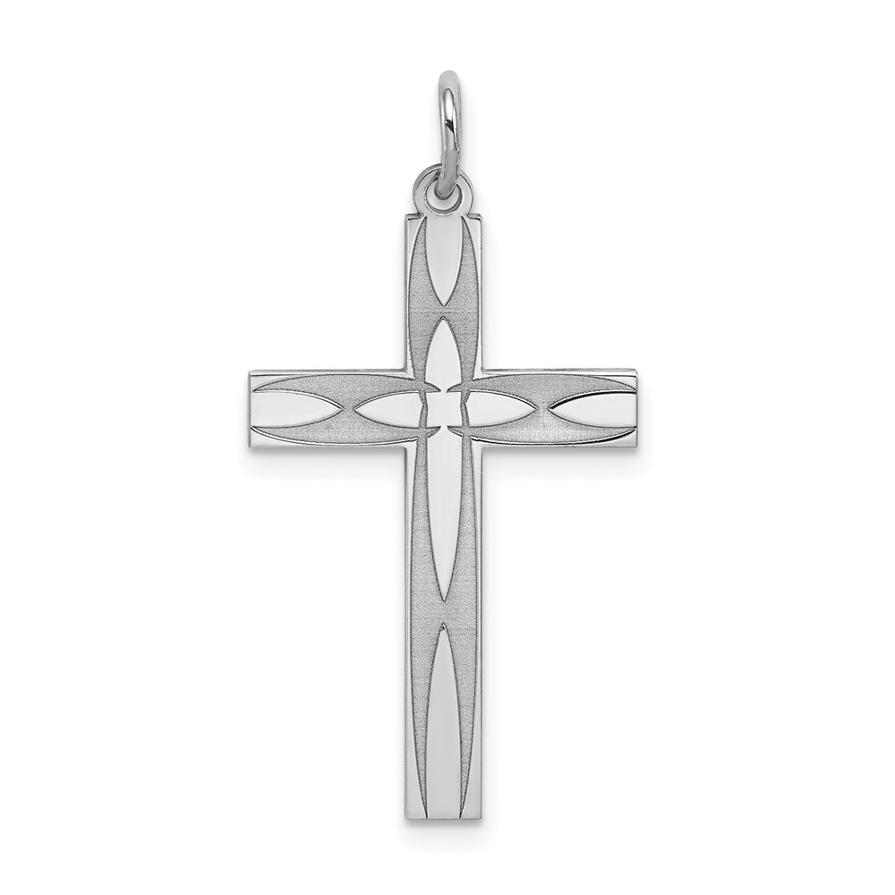 Sterling Silver Rhodium-plated Laser Designed Cross Pendant (QXR157)