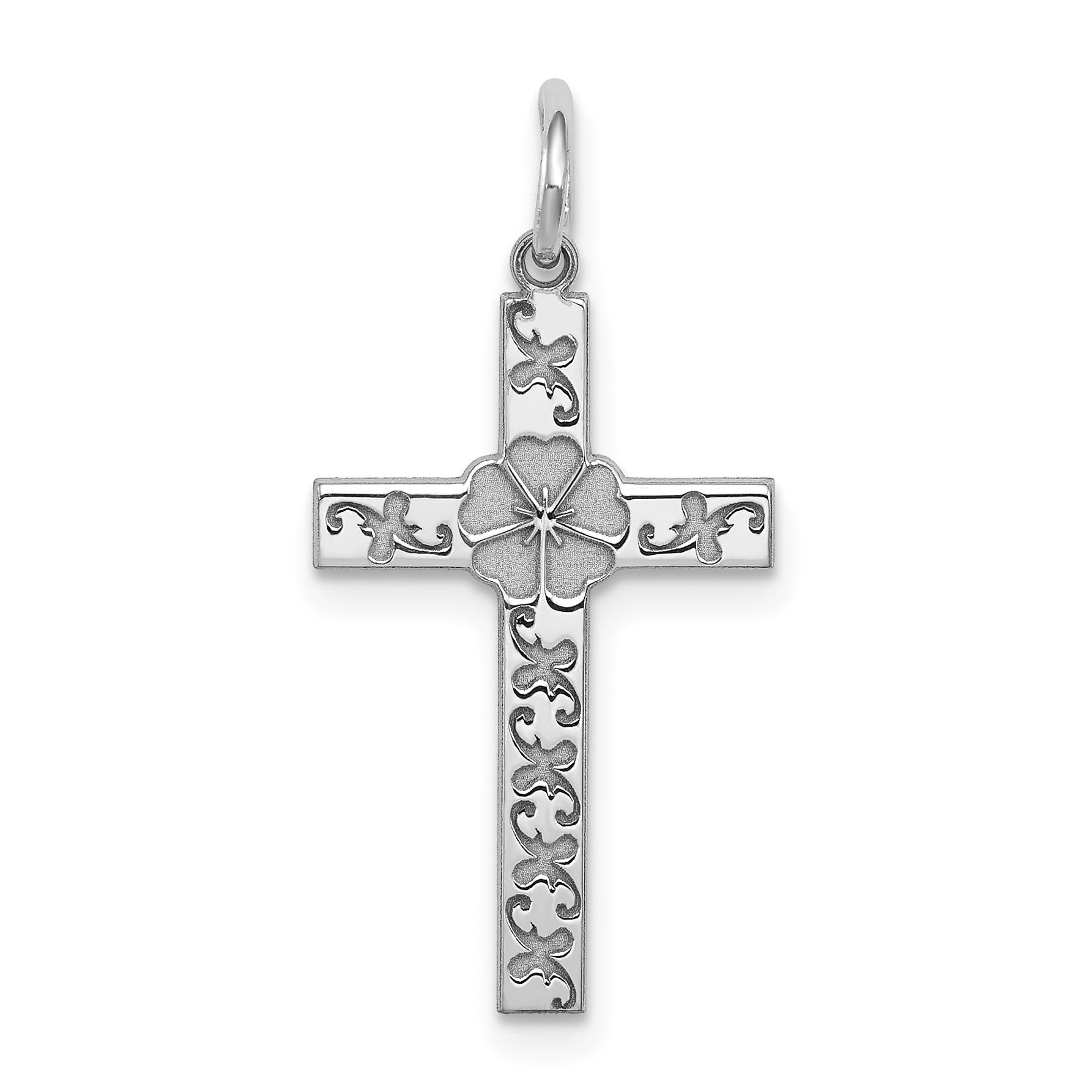 Sterling Silver Rhodium-plated Laser Designed Cross Pendant (QXR189)