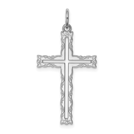 Sterling Silver Rhodium-plated Laser Cut Cross Pendant