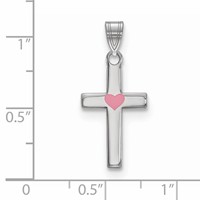 Sterling Silver Rhodium-plated Pink Enameled Heart Cross Charm view 3