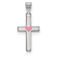 Sterling Silver Rhodium-plated Pink Enameled Heart Cross Charm view 1