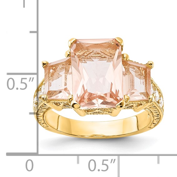 Sterling Silver Gold-plated 3 Stone Peach Glass Ring