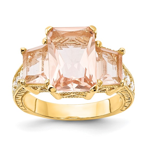 Sterling Silver Gold-plated 3 Stone Peach Glass Ring