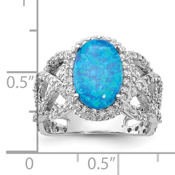 Sterling Silver Rhodium-plated CZ and Oval Lab Created Blue Opal Ring