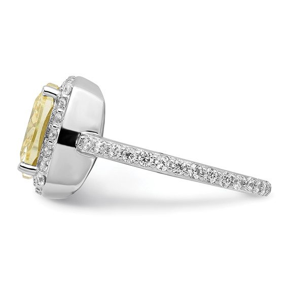 Sterling Silver Rhodium-plated Rose-cut Canary Yellow CZ Center and Clear CZ Ring