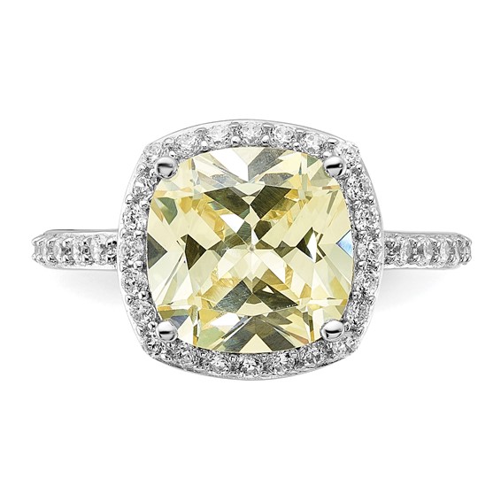 Sterling Silver Rhodium-plated Rose-cut Canary Yellow CZ Center and Clear CZ Ring