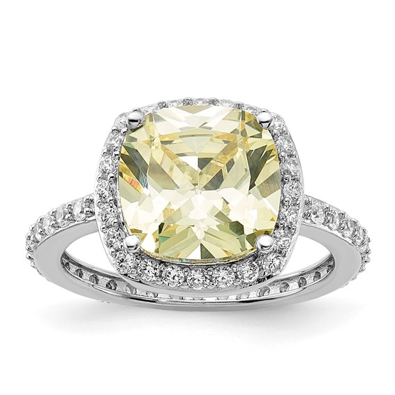 Sterling Silver Rhodium-plated Rose-cut Canary Yellow CZ Center and Clear CZ Ring