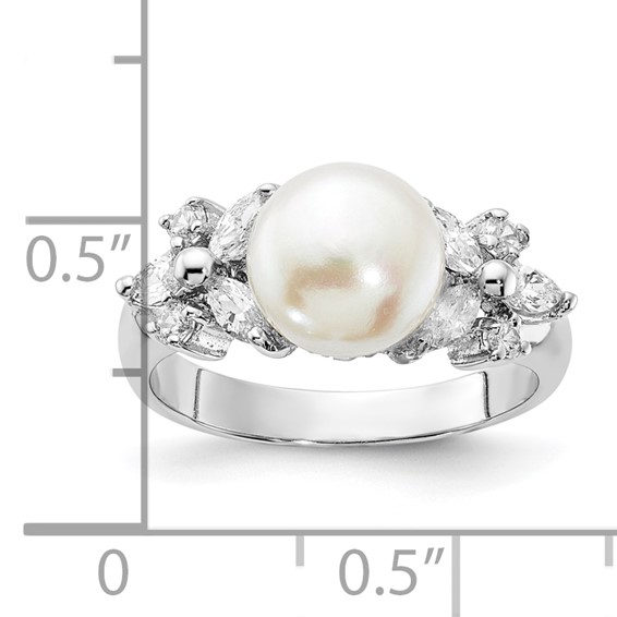 Sterling Silver Rhodium-plated CZ and Freshwater Cultured Button Pearl Ring