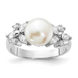 Sterling Silver Rhodium-plated CZ and Freshwater Cultured Button Pearl Ring